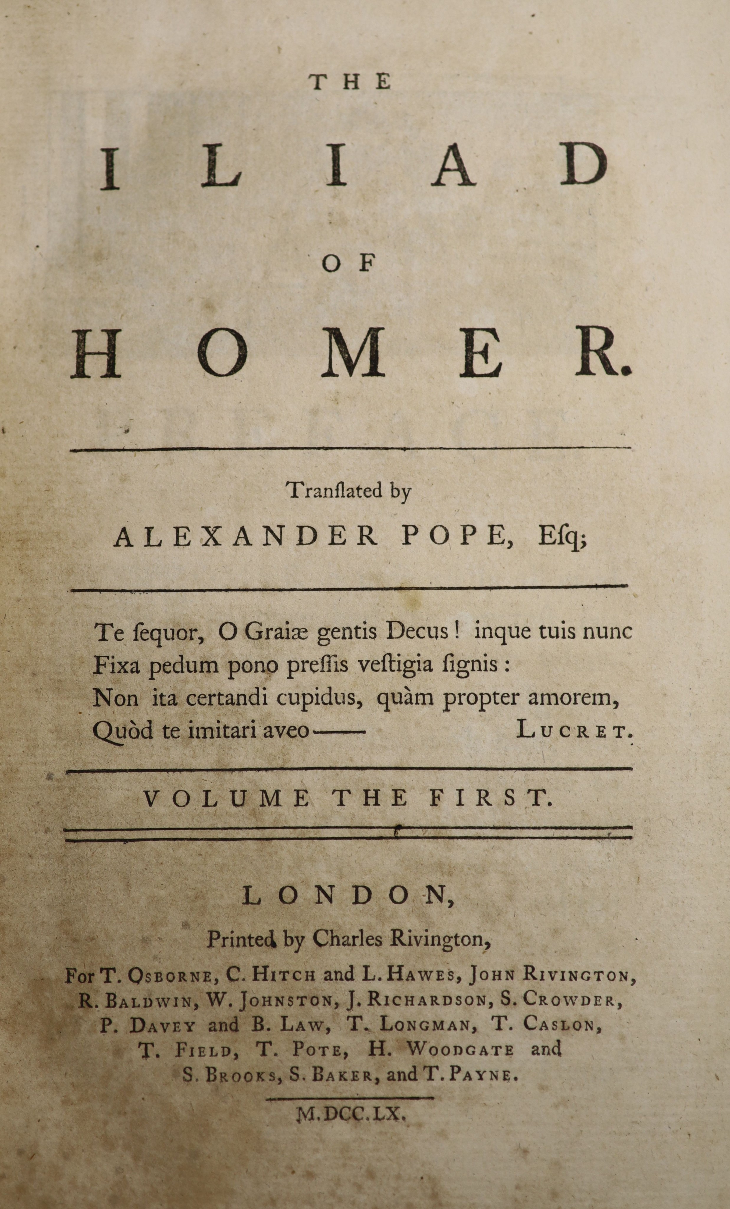 Pope, Alexander - The Iliad of Homer, 6 vols, frontis, folded plate, vignette illus. (within plate marks); contemp. gilt decorated calf, panelled spines with: Wakefield, Gilbert - Observations on Pope, half title and adv